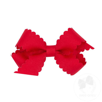 Picture of Wee Ones Girls' Classic Grosgrain Hair Bow with Scalloped Edges and Plain Wrap Center on a WeeStay Hair Clip, Mini, Red