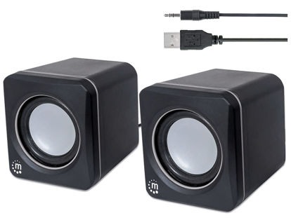 Picture of Manhattan USB Powered Stereo Speaker System - Small Size - with Volume Control & 3.5 mm Audio Plug to Connect to Laptop, Notebook, Desktop, Computer - 3 Yr Mfg Warranty - Black Silver, 166898