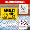 Picture of 4Pcs Smile You're On Camera Signs - Aluminum, UV Ink Printed, Outdoor Video Surveillance & Security Camera Signs for Property - Orange with Black Font, 7x10 Inches, 4 Pre-Drilled Holes - Ideal Home Security Signs for Yard, Business, Driveway Alert, 