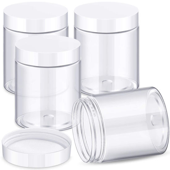 Picture of 4 Pieces Round Clear Wide-mouth Leak Proof Plastic Container Jars with Lids for Travel Storage Makeup Beauty Products Face Creams Oils Salves Ointments DIY Making or Others (White, 10 Ounce)