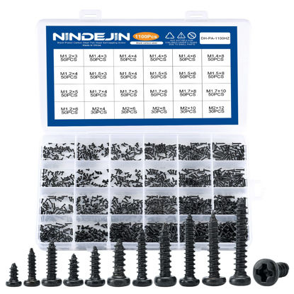 Picture of NINDEJIN 1100Pcs Pan Head Tapping Screws Laptop Computer Screws Set, M1.2 M1.4 M1.5 M1.7 M2 Phillips Screws Assortment Kit, Mini Multi-Purpose Screws Set for Electronic Repair (24 Types)