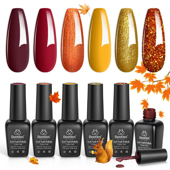 Picture of beetles Gel Nail Polish Set 6 Fall Gel Nail Polish Colors Yellow Glitter Orange Gold Fall Nail Polish UV LED Nail Lamp Halloween Nail Polish Home DIY Manicure Fall Nail Art