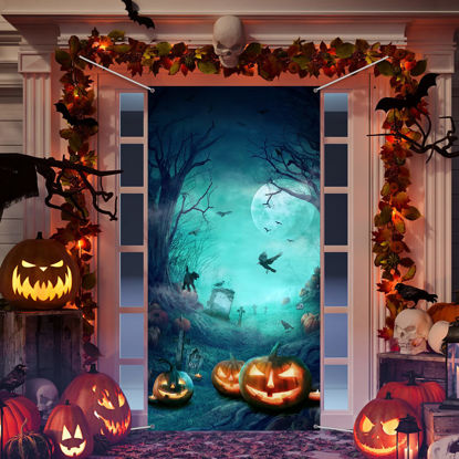 Picture of Halloween Door Decorations, Large Fabric Horror Moon Night Dead Tree Scary Cemetery Pumpkins Door Cover Halloween Front Door Porch Backdrop for Halloween Party Supplies, 70.87 x 35.43 Inch