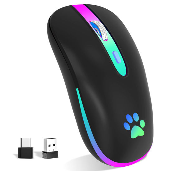 Picture of FUWANG Wireless Mouse,Rechargeable LED Wireless Bluetooth Mouse,Portable USB Optical 2.4G Wireless Bluetooth Two Mode Computer Mice with USB & Type-c Receiver(Black)