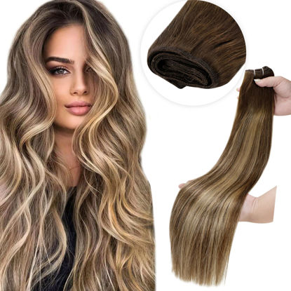 Picture of LAAVOO Weft Hair Extensions Real Human Hair 20inch 100g Balayage Dark Brown Fading to Caramel Brown Hand Tied Weft Hair Extension Weave Hair Extensions Bundles Silk Straight