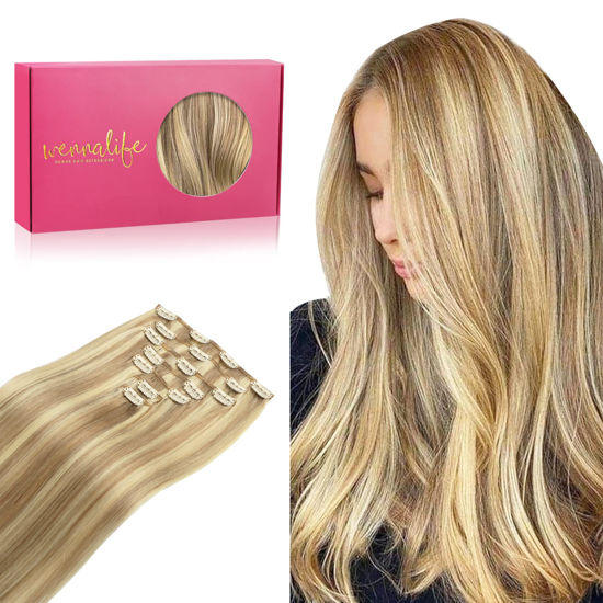 Picture of WENNALIFE Clip in Human Hair Extensions, 18 Inch 120g 7pcs Light Blonde Highlighted Golden Blonde Hair Extensions Clip In Human Hair Remy Clip in Hair Extensions Real Human Hair Double Weft