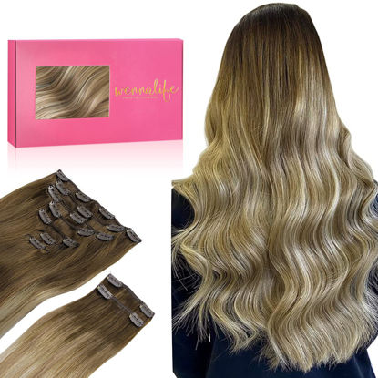 Picture of WENNALIFE Clip in Hair Extensions, 150g 16 Inch 9pcs Ombre Walnut Brown to Ash Brown and Bleach Blonde Human Hair Extensions Thicker Clip in Hair Extensions Real Human Hair Clip Set Double Weft