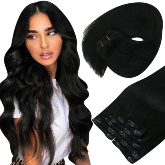 Picture of Sunny Black Hair Extensions Human Hair Clip In Invisible Hair Clip In Real Human Hair Extensions Jet Black Remy Clip in Hair Extensions Long Hair 22inch 120g 7pcs