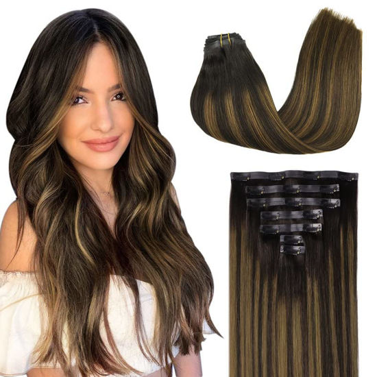 Picture of GOO GOO Seamless Clip In Hair Extensions Remy Real Human Hair Extension with Invisible PU Skin Weft 18inch Dark Brown Mixed Chestnut Brown Natural & Thick & Straight Hair Extensions for Women