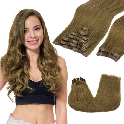 Picture of GOO GOO Clip-in Hair Extensions for Women, Soft & Natural, Handmade Real Human Hair Extensions, Medium Brown, Long, Straight 6B#, 9pcs 150g 20inch