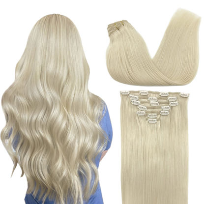 Picture of GOO GOO Real Human Hair Extensions, Platinum Blonde, Thick, Straight, Soft & Natural, Remy Clip-in Hair Extensions for Women, 7pcs 120g 18 Inch #60A