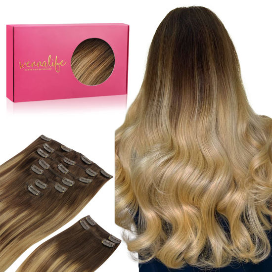 Picture of WENNALIFE Clip in Hair Extensions Real Human Hair, 16 Inch 150g 9pcs Human Hair Extensions Clip In, Balayage Chocolate Brown to Dirty Blonde Hair Extensions Clip In Real Remy Human Hair