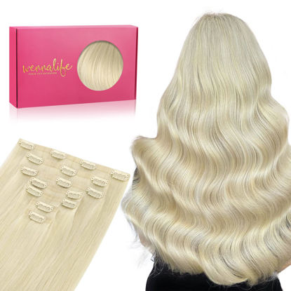 Picture of WENNALIFE Seamless Clip In Hair Extensions Human Hair, 16 Inch 130g 7pcs Bleach Blonde Real Hair Extensions Clip in Human Hair Invisible PU Skin Weft Natural Remy Human Hair Extensions