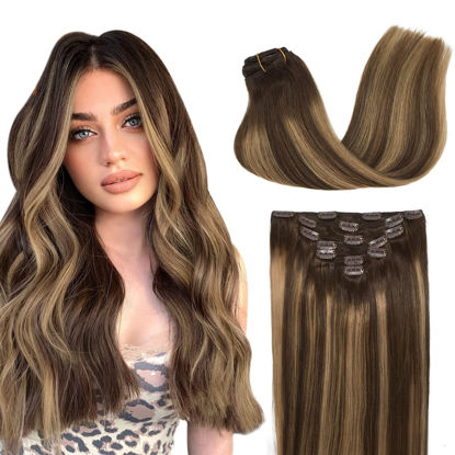 Picture of GOO GOO Clip in Hair Extensions Balayage Chocolate Brown to Caramel Blonde Remy Human Hair Extensions 7pcs 120g 20 Inch Long Hair Extensions Clip in Human Hair Straight Hair