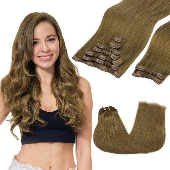 Picture of GOO GOO Clip-in Hair Extensions for Women, Soft & Natural, Handmade Real Human Hair Extensions, Medium Brown, Long, Straight 6B#, 9pcs 150g 18inch