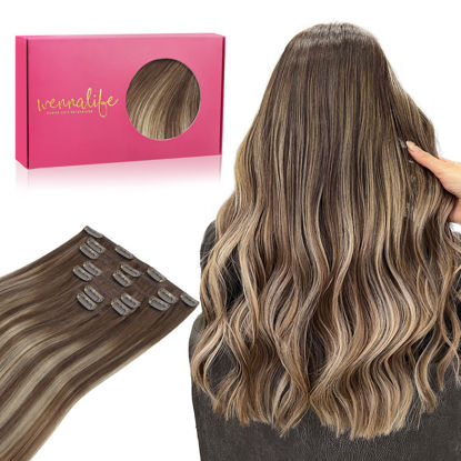 Picture of WENNALIFE Clip in Hair Extensions, 20 Inch 120g 7pcs Balayage Chocolate Brown to Honey Blonde Hair Extensions Clip in Human Hair Remy Clip in Hair Extensions Real Human Hair Double Weft