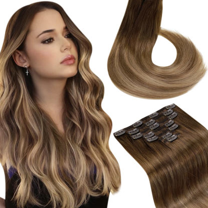 Picture of LAAVOO Human Hair Clip in Extensions Ombre Brown to Light Brown Mix Golden Brown Real Hair Extensions Clip in Human Hair Balayage Straight Human Hair Extensions 7pcs 120g 20 Inch