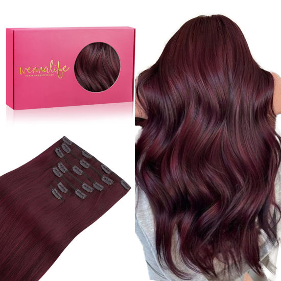 Picture of WENNALIFE Clip in Hair Extensions Real Human Hair, 18 Inch 120g 7pcs Human Hair Extensions Clip In Human Hair, Light Burgundy Hair Extensions Clip In Real Hair Coloured Remy Human Hair Extensions