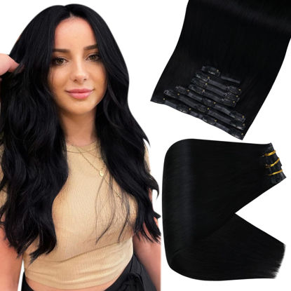 Picture of Full Shine Black Clip in Hair Extensions Human Hair 8 Pcs Seamless Remy Hair Clip in Extensions Pu Weft Invisible Jet Black Hair Clip in Human Hair Straight Natural Hair Extensions 120 Grams 20 Inch