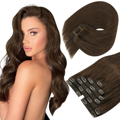 Picture of Sunny Hair Extensions Clip in Brown Human Hair Chocolate Brown Clip in Extensions Real Human Hair Double Weft Medium Brown Hair Clip in Hair Extensions 22inch 7Pcs 120g