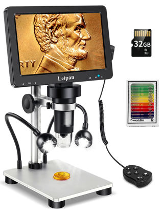 Picture of 7" LCD Digital Microscope 1200X,Leipan 12MP Coin Microscope with Screen for Adults,1080P Video Microscope with 12pcs Slides,Wired Remote,2 Side Lights,Windows/Mac OS Compatible(32GB Card)