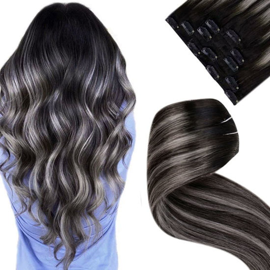 Picture of LAAVOO 22" Ombre Hair Extensions Clip in Hair Extensions Off Black Fading to Grey Silver Double Weft Long Straight Real Hair Clip in Human Hair Extensions for Women 5pcs 80g