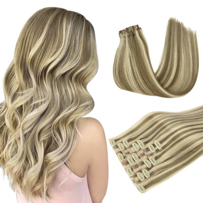 Picture of Human Hair Extensions, Light Brown Highlighted Medium Blonde 18 Inch 130g 7pcs, DOORES Seamless Clip in Hair Extensions Remy Hair Extensions Natural Hair