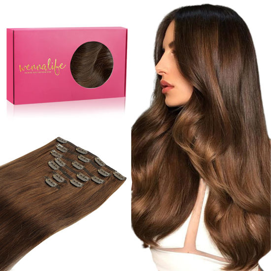 Picture of WENNALIFE Clip in Human Hair Extensions, 22 Inch 120g 7pcs Chocolate Brown Hair Extensions Clip in Human Hair Remy Clip in Hair Extensions Real Human Hair Double Weft