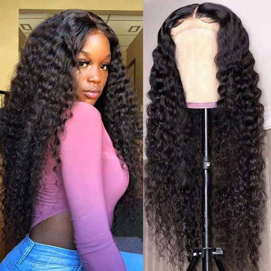 Picture of Lace Front Wigs Human Hair Water Wave Brazilian Virgin Hair 180% Density 4X4 Water Curly Lace Closure Human Hair Wigs for Black Women Lace Wigs with Baby Hair Natural Color (20 Inch,Water Wave Wigs)