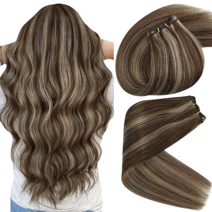 Picture of Sunny Weft Hair Extensions Real Human Hair Brown Highlights Human Hair Extensions Sew in Dark Brown Mix Caramel Blonde Weft Human Hair Extensions Highlights Human Hair Weft Extensions 22inch 100g