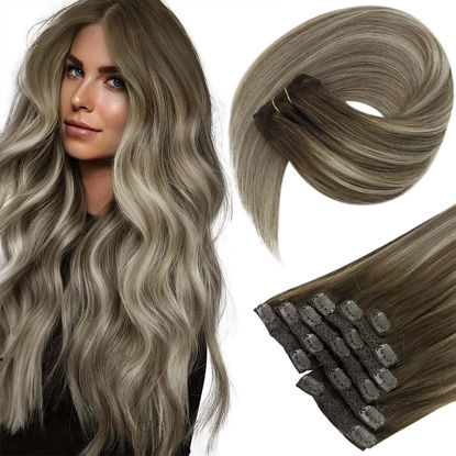 Picture of Sunny Balayage Clip in Hair Extensions Brown Balayage Invisible Clip in Real Human Hair Extensions Ombre Dark Brown to Light Brown Blonde Balayage Remy Hair Clip in Extensions Double Weft 20inch 7pcs