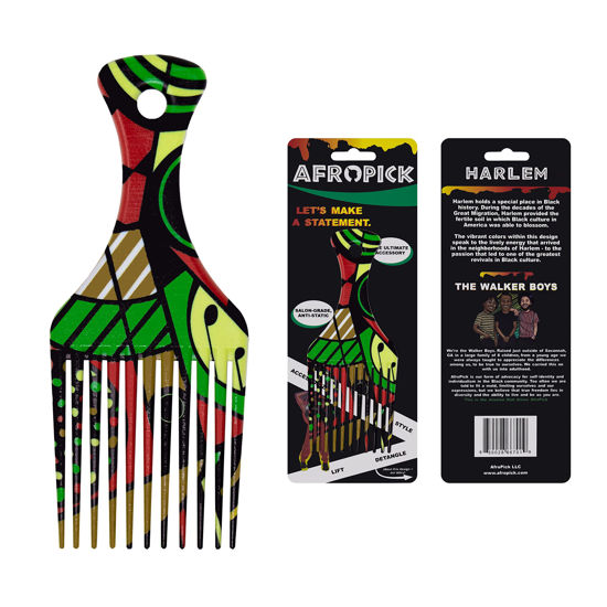 Picture of Afropick Anti-Static Plastic Black Hair Pick for Natural Curly Long Thick Hair- Afro Pick Comb for Men, Women- African Artist Designs (Harlem)