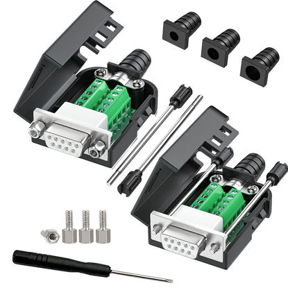Picture of JUXINICE 2PCS DB9 Female adapters, Easy to useDIY RS232/485 Serial Cable, No Soldering Needed DB9 Serial connectors with Bolts Nuts Tail Pipes and Screwdriver