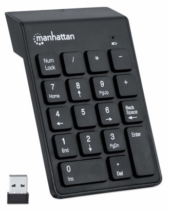 Picture of Manhattan Wireless Numeric Keypad - 18 Full Size Keys & Ultra Slim Lightweight Ergonomic Number Pad Design - for Laptop, Desktop, Computer, PC - Black, 179928