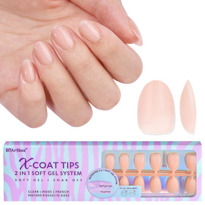 Picture of Extra Short Almond Nail Tips - BTArtbox Press On Nails Almond Gel Nails 2 in 1 X-coat Tips Pre-applied Tip Primer, Pre-colored Full Cover Fake Nails Glue On Nails Easy Nail Extension 160Pcs 16 Sizes