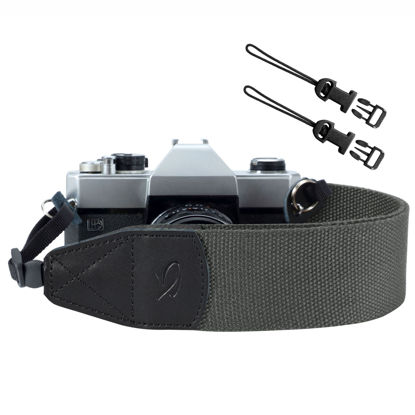 Picture of PADWA Grey Camera Straps for Photographers - Full Grain Leather Head,2" Cotton Woven Camera Strap with Quick Release,Adjustable Camera Strap for All Cameras,Gift for Men & Women Photographers