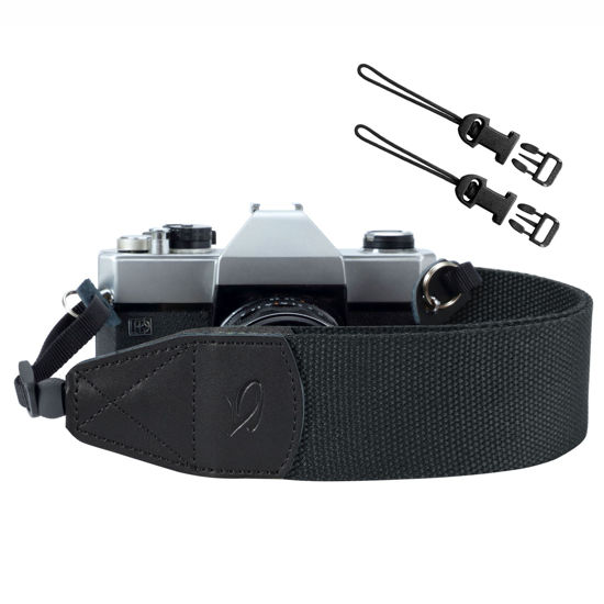 Picture of PADWA Black Camera Straps for Photographers - Full Grain Leather Head,2" Cotton Woven Camera Strap with Quick Release,Adjustable Camera Strap for All Cameras,Gift for Men & Women Photographers