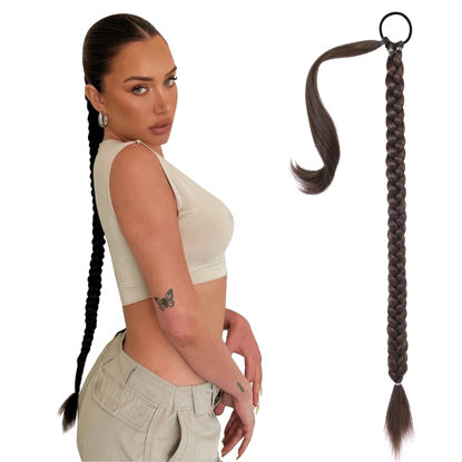 Picture of SEIKEA Long Braided Ponytail Extension with Hair Tie Straight Wrap Around Hair Extensions Ponytail Natural Soft Synthetic Hair Piece Daily Wear 34 Inch 180 Gram Dark Brown with Copper Highlights