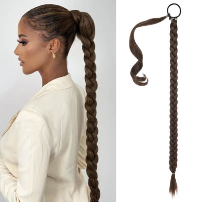 Picture of SEIKEA Long DIY Braided Ponytail Extension with Hair Tie Straight Wrap Around Hair Extensions Ponytail Natural Soft Hairpiece Cool Dark Brown 34 Inch (After Braided 30 Inch)