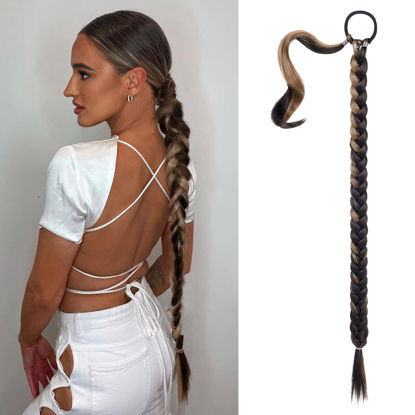 Picture of SEIKEA Long DIY Braided Ponytail Extension with Hair Tie Straight Wrap Around Hair Extensions Ponytail Natural Soft Synthetic Hairpiece Deep Brown Auburn Highlights 34 Inch (After Braided 30 Inch)