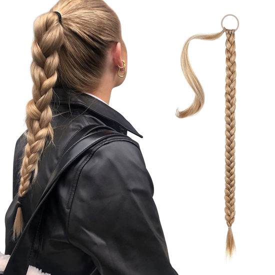 Picture of SEIKEA Long DIY Braided Ponytail Extension with Hair Tie Straight Wrap Around Hair Extensions Ponytail Natural Soft Synthetic Hair Piece Golden Blonde Highlights 20 Inch (After Braided 16 Inch)