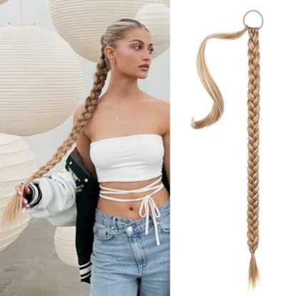 Picture of SEIKEA Long Braided Ponytail Extension with Hair Tie Straight Wrap Around Hair Extensions Ponytail Natural Soft Synthetic Hair Piece Daily Wear 34 Inch 180 Gram Golden Blonde Highlights