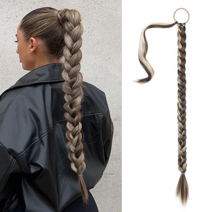 Picture of SEIKEA Long DIY Braided Ponytail Extension with Hair Tie Straight Wrap Around Hair Extensions Ponytail Natural Soft Synthetic Hairpiece Ash Brown with Sandy Blonde 34 Inch (After Braided 30 Inch)