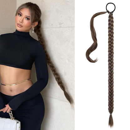 Picture of SEIKEA Long Braided Ponytail Extension with Hair Tie Straight Wrap Around Hair Extensions Ponytail Natural Soft Synthetic Hair Piece 30 Inch 160 Gram Medium Brown with Golden Brown Highlights