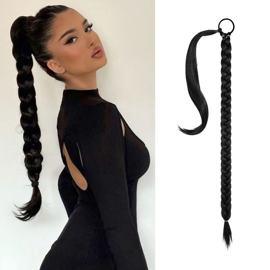 Picture of SEIKEA Long DIY Braided Ponytail Extension with Hair Tie Straight Wrap Around Hair Extensions Ponytail Natural Soft Synthetic Hair Piece Black 20 Inch (After Braided 16 Inch)