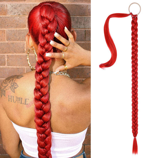 Picture of SEIKEA Long Braided Ponytail Extension with Hair Tie Straight Wrap Around Hair Extensions Ponytail Natural Soft Synthetic Hair Piece for Women Daily Wear 34 Inch 180 Gram Red