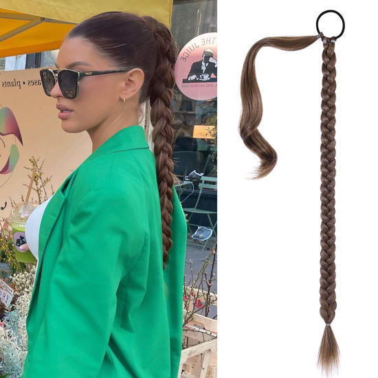 Picture of SEIKEA Long Braided Ponytail Extension with Hair Tie Straight Wrap Around Hair Extensions Ponytail Natural Soft Synthetic Hair Piece Daily Wear 26 Inch 140 Gram Medium Brown with Medium Auburn