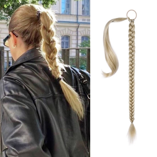 Picture of SEIKEA Long DIY Braided Ponytail Extension with Hair Tie Straight Wrap Around Hair Extensions Ponytail Natural Soft Synthetic Hair Piece Ash Blonde 20 Inch (After Braided 16 Inch)