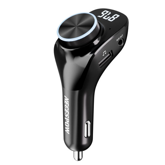 Picture of NECESPOW Bluetooth 5.0 FM Transmitter for Car, Dual USB Charger with 3.5MM AUX Cable, Handsfree Call MP3 Music Player