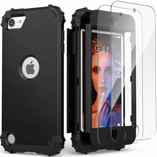 Picture of iPod Touch 7th Generation Case with 2 Screen Protectors, IDweel Hybrid 3 in 1 Shockproof Slim Heavy Duty Hard PC Cover Soft Silicone Rugged Bumper Full Body Case for iPod Touch 5/6/7th Gen, Black